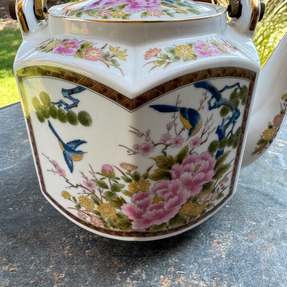 Vtg Homco Japanese Porcelain Tea Pot Hexagonal Kutani Bird Brass Handle 6" Asian - Picture 5 of 16